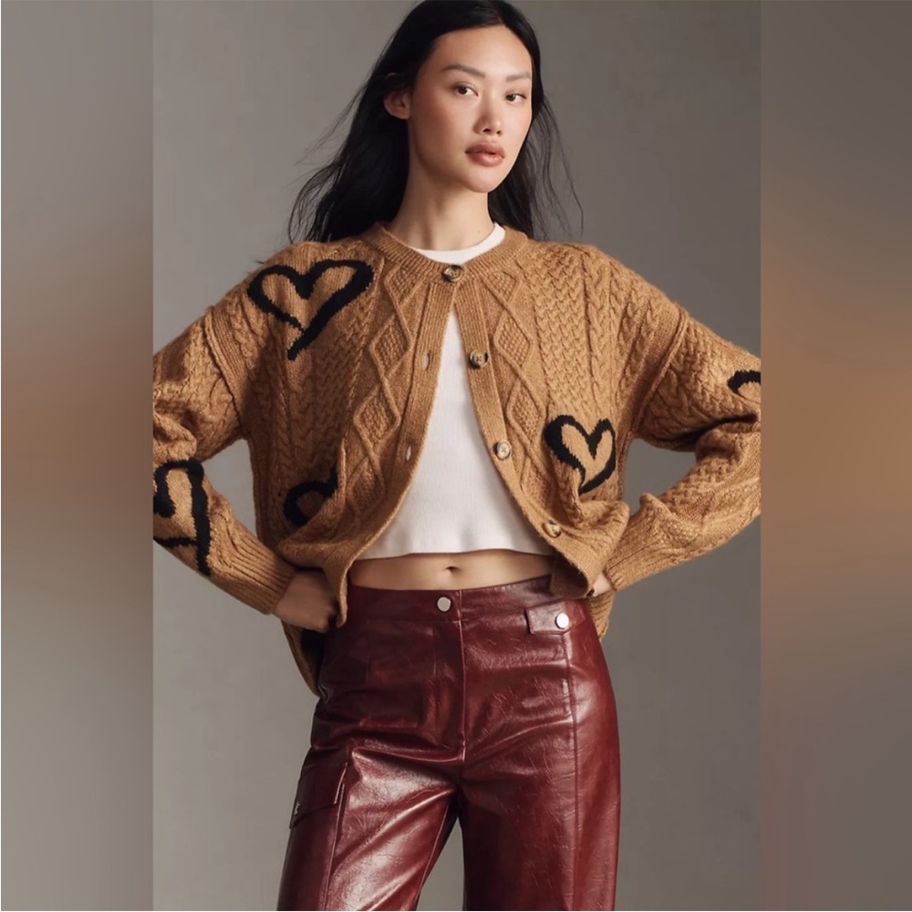 Maeve Tan Cardigan with Black Hearts